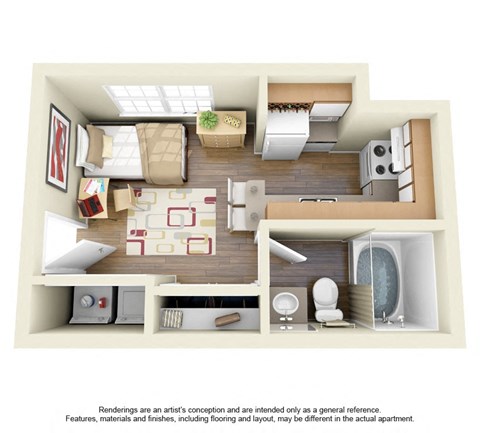 Floor plan for studio, 1 bath, 290 sqft